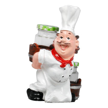 Foodie Chef Figurine Resin Holder with 2 Glass Condiment Jars (Up & Down) (Back Carrying)